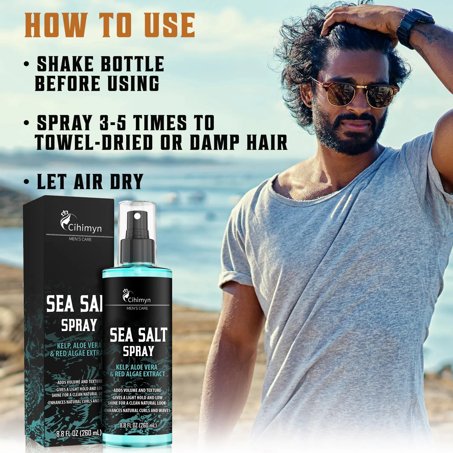 Sea Salt Hair Spray for Men with Kelp & Aloe Vera, 260ml Light Hold Beach Surf Styling Spray 1 sea salt hair spray for men kelp aloe vera 260ml sit uvxkuqcr desc 1