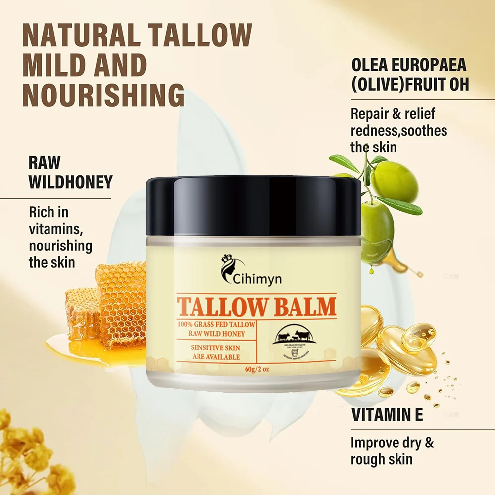 Tallow Balm 100% Grass-Fed Tallow & Raw Wild Honey Moisturizing Cream for Sensitive Skin, Anti-Acne, Brightening, 60g 1 tallow balm grass fed wild honey moisturizing cream 60g sit namb6etn desc 1