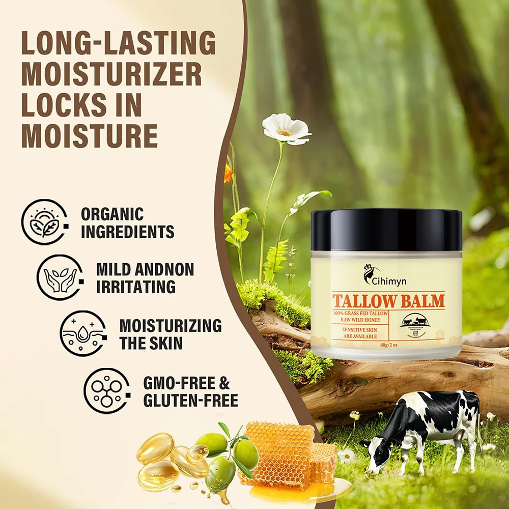 Tallow Balm 100% Grass-Fed Tallow & Raw Wild Honey Moisturizing Cream for Sensitive Skin, Anti-Acne, Brightening, 60g 5 tallow balm grass fed wild honey moisturizing cream 60g sit namb6etn desc 5