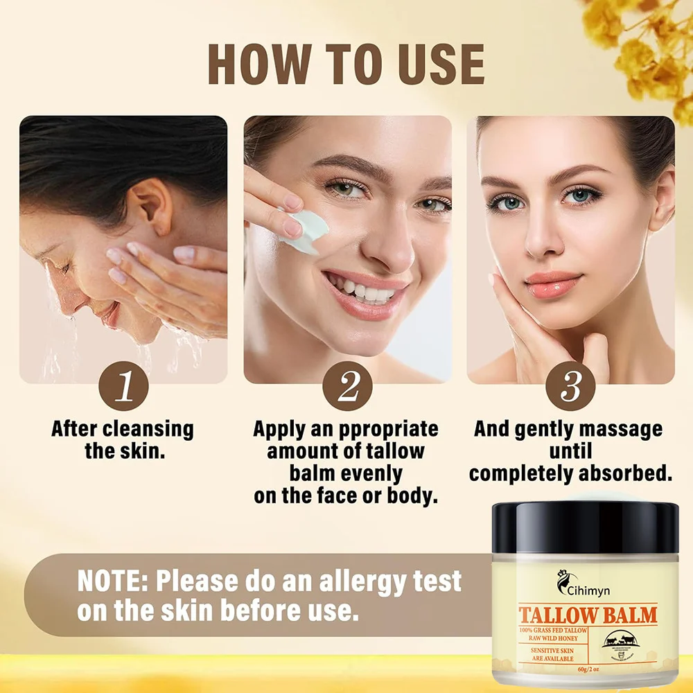 Tallow Balm 100% Grass-Fed Tallow & Raw Wild Honey Moisturizing Cream for Sensitive Skin, Anti-Acne, Brightening, 60g 6 tallow balm grass fed wild honey moisturizing cream 60g sit namb6etn desc 6