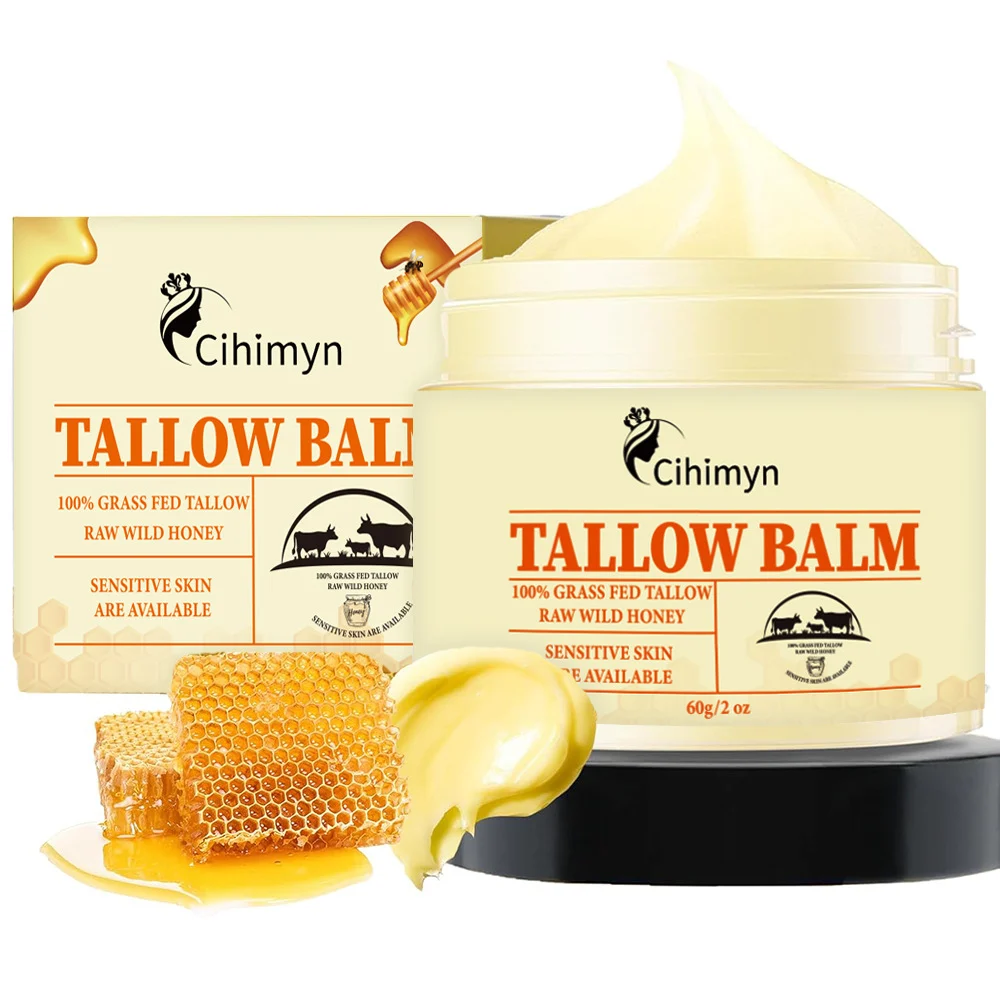 Tallow Balm 100% Grass-Fed Tallow & Raw Wild Honey Moisturizing Cream for Sensitive Skin, Anti-Acne, Brightening, 60g 8 tallow balm grass fed wild honey moisturizing cream 60g sit namb6etn desc 8