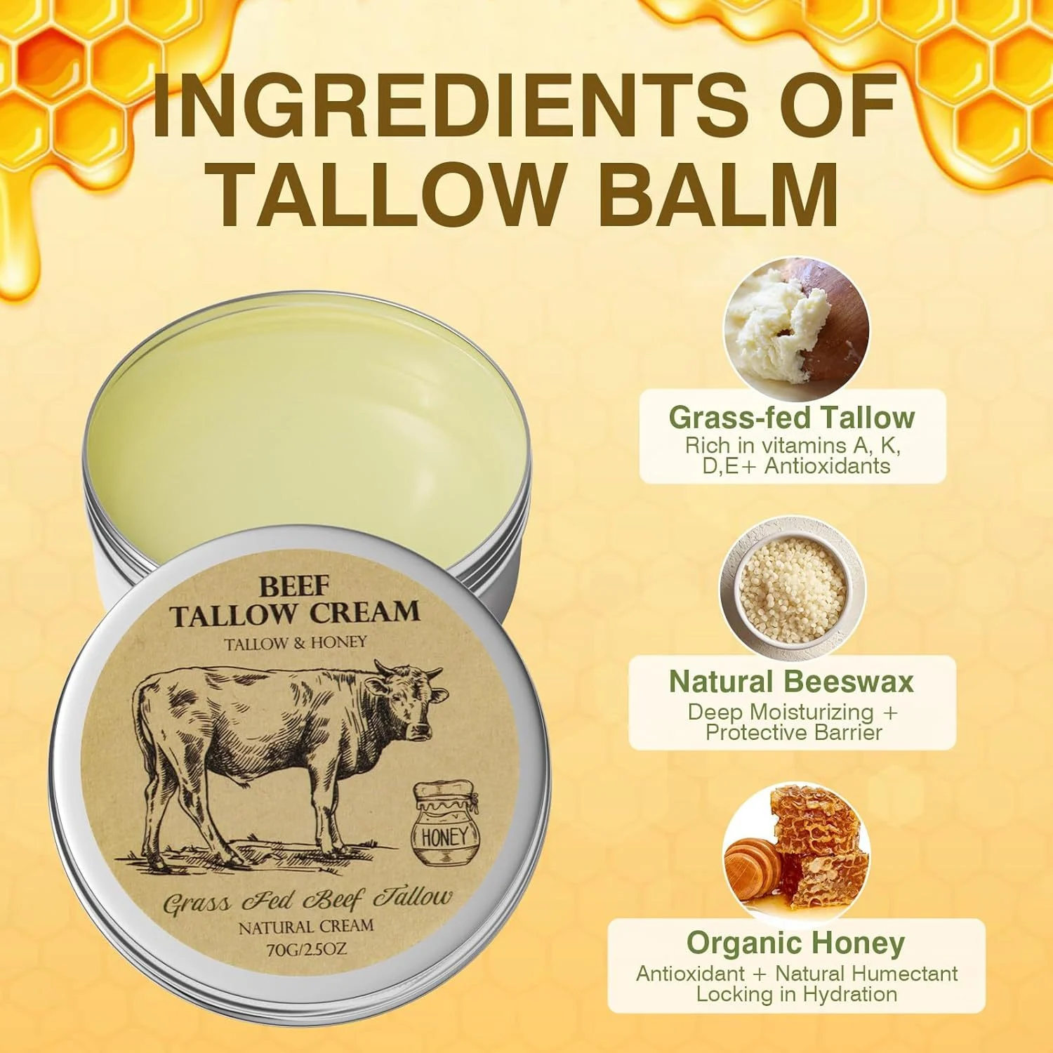 Tallow Balm Whipped Tallow & Honey Balm 100% Grass Fed Moisturizing Skincare Cream 5 tallow honey cream grass fed beef tallow moisturizing balm sit 694938bb desc 3